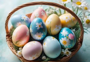 Fonott kosár tele díszített húsvéti tojásokkal